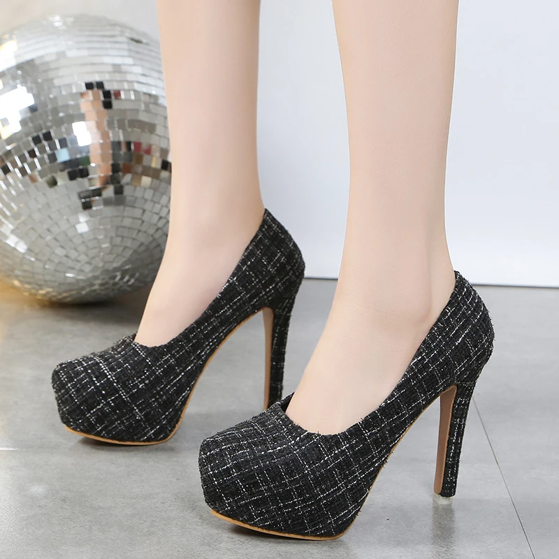 Waterproof platform high heels plaid style with skirt spring and autumn single shoes shallow mouth sexy black high heels