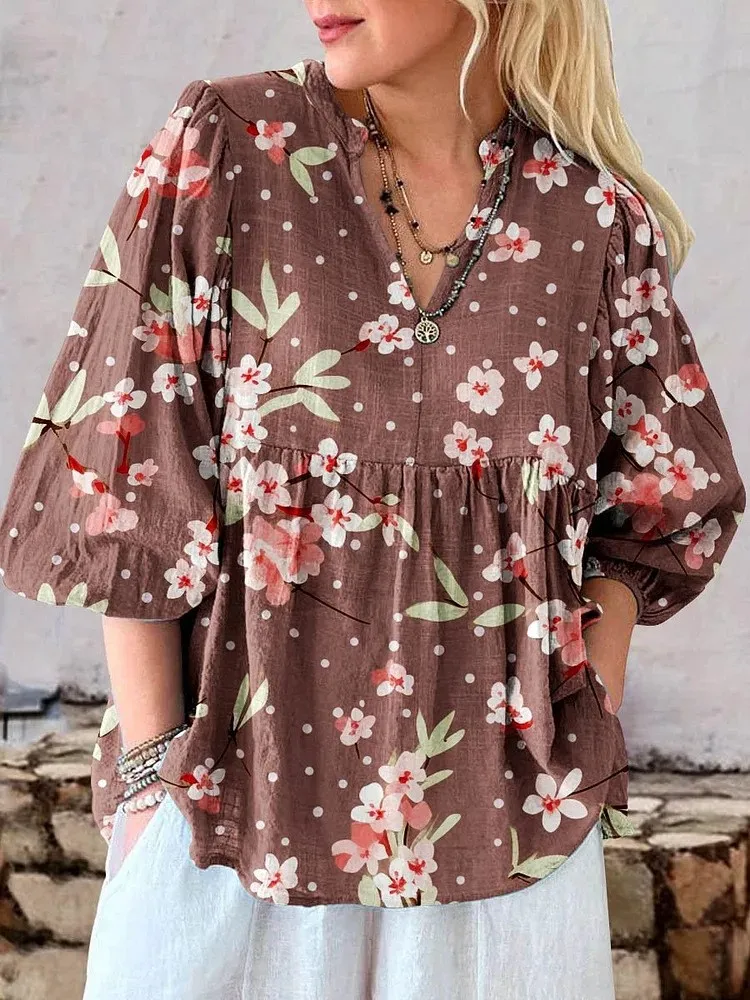여성용 캐주얼 빈티지 프린트 셔츠 탑, 패션 V넥 퍼프 소매 풀오버 루즈핏 셔츠 탑, 레이디 봄 여름 신상 의류