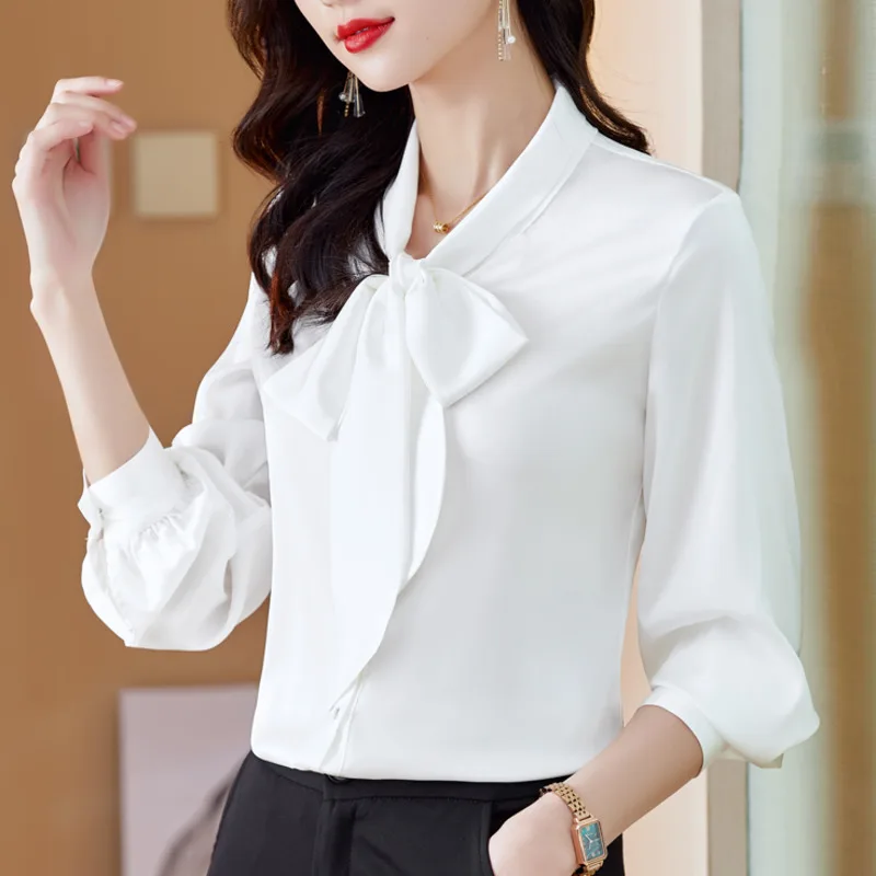 #2513 Spring 2023 Chiffon Shirts Women Bow Collar Long Sleeve Shirt Black White Green Red Office Shirts Ladies Elegant Shirts