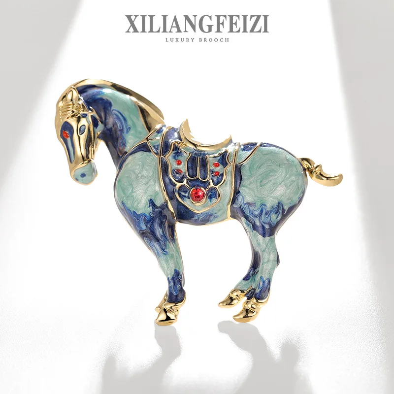 Painting Oil Blue Horse Brooch with Diamonds, Sweat Blood Horse Chest Flower, Men's Personalized Clothing Accessory Pin, Gift
