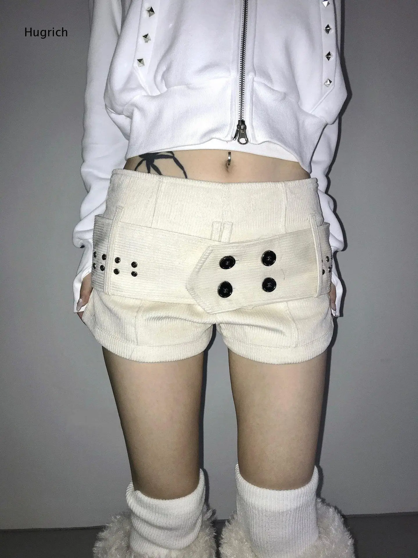 Solid Black Corduroy Mini Shorts Multi Button Decor Wide Waistband Low Rise Slim Fit Punk Streetwear Women Casual Shorrt Pants