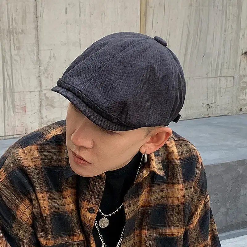 NEWSBOY Cap Linen Hats For Men Women Beret Hat Spring Summer Dark Gray Eight Panel Hat British Style Retro Octagonal Cap