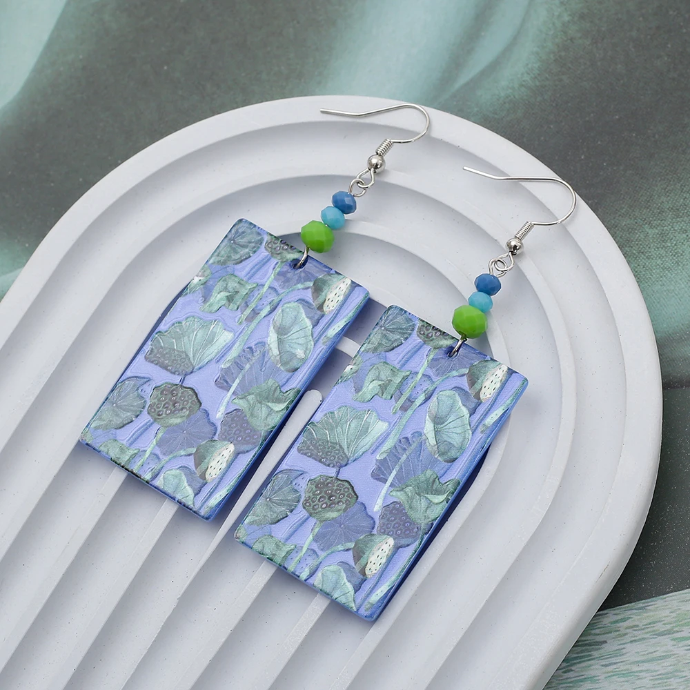 Fashion Green Blue Lotus Flower 3D Print Acrylic Women\'s Earrings Vintage Style Clothing Accessories Elegant Aesthetic Jewelry