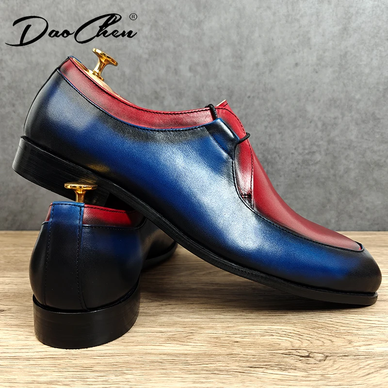 Luxury Brand Men Derby Shoes Genuine Leather Scarlet Navy Two-Tone Slip On Formal Casual Shoes Wedding Office Men\'s Dress Shoes