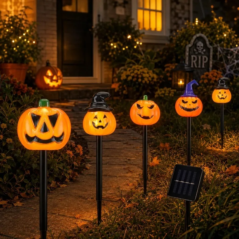 5 Pack Halloween Pumpkin Stake Lights Solar Powered Garden Lamp for Outdoor Patio Yard Landscape Decor Waterproof Holiday Decor