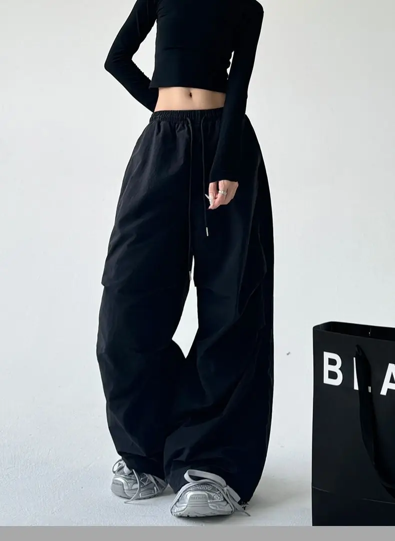 

Широкие брюки с эластичной резинкой на талии, женские весенние льняные складки, школьные женские брюки большого размера для студентов, дышащие брюки Kawaii на шнуровке OL