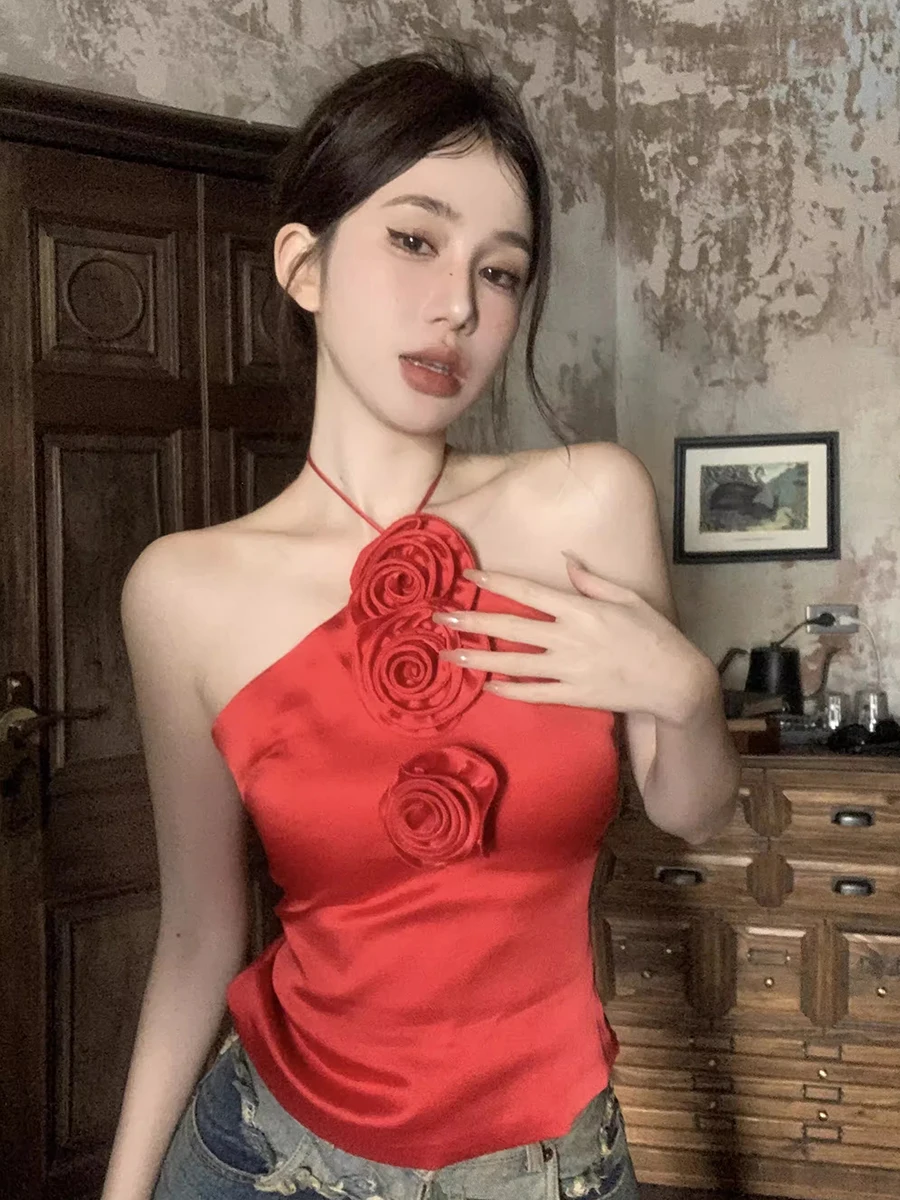 REDDACHiC Elegant Red Rose Stitch Satin Top Women Solid Open Back Sleeveless Vest Slim Fit Ribbon Halter Top Vintage Clothes