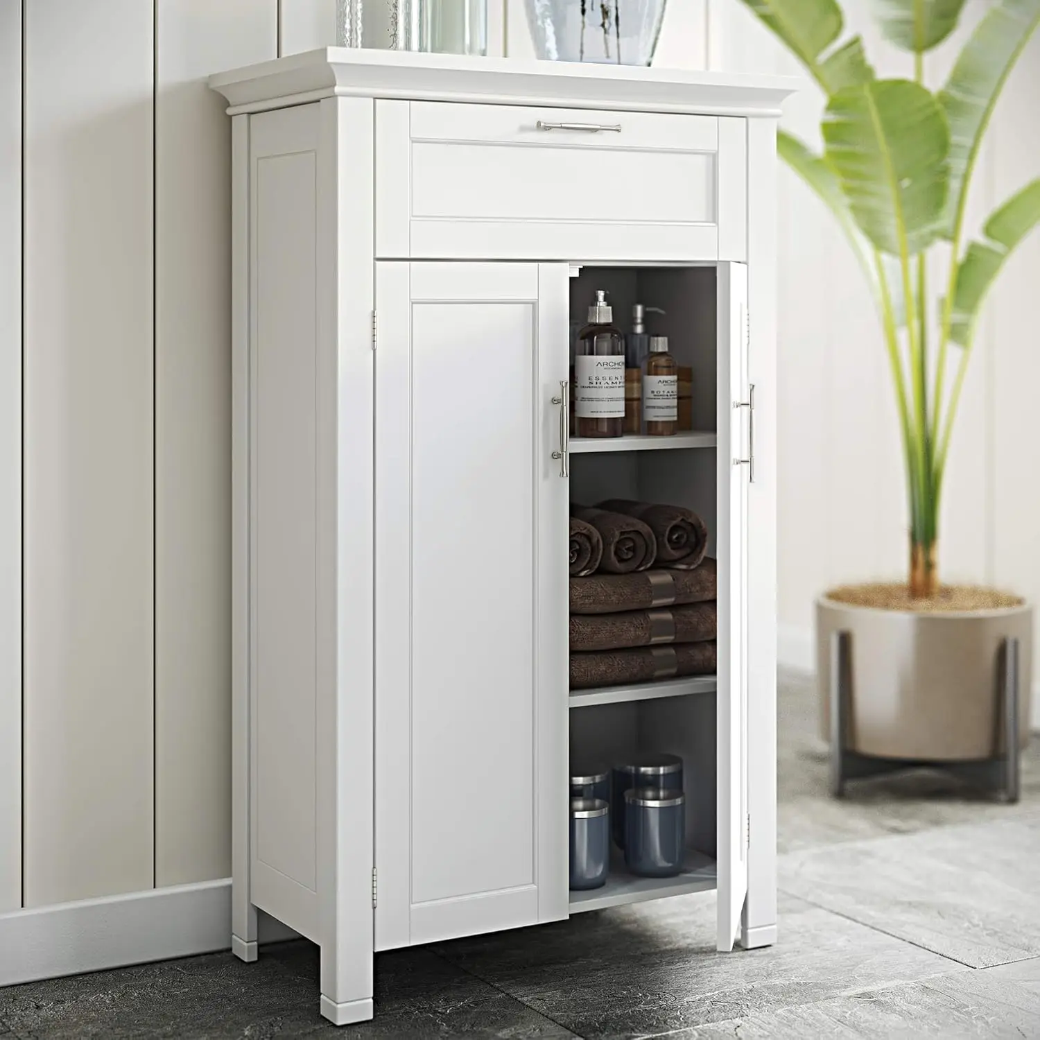 Two-Door Floor Cabinet, White，Includes an adjustable interior shelf