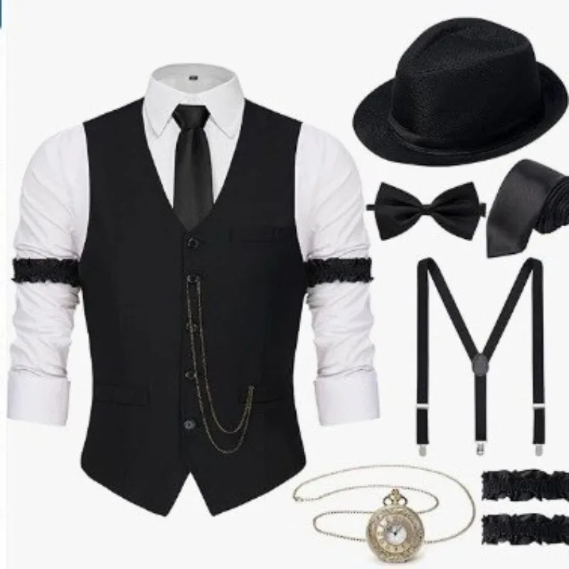 

1920s Mens Costume Roaring 20s Cosplay Costumes for Men 1920S Outfit Accessories with Vest Hat Pocket Watch Tie Armband