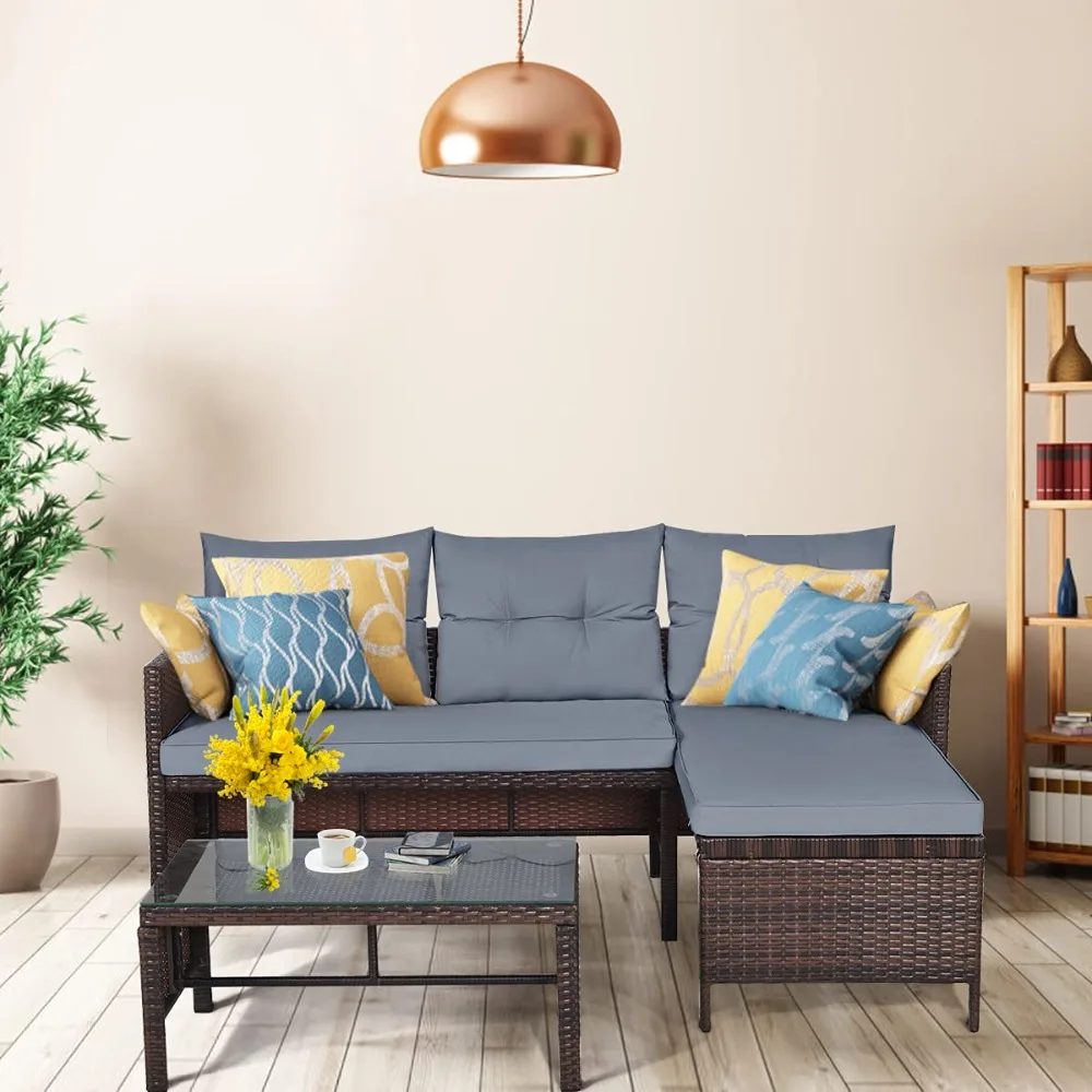 

3-Piece Patio Furniture Set, Outdoor Wicker Sectional Sofa Set w/Washable Cushion, Tempered Glass Coffee Table, Customized