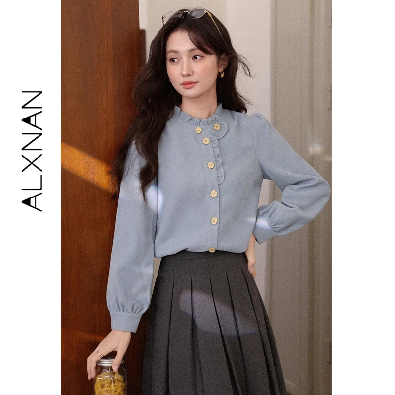 

ALXNAN Blue Shirt French Style Ruffled Floral Button Long Sleeve Blouse Women's Autumn Winter Elegant Office Casual Top L59303