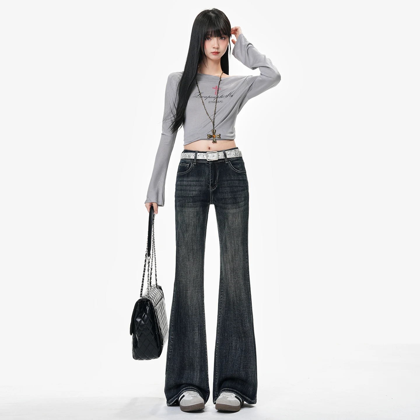 Y2k Pantaloni Jeans Donna Vita alta Svasato Bootcut Azzurro Grigio Stretch Pancia Controllo Pantaloni a gamba larga Autunno Inverno Nuovo