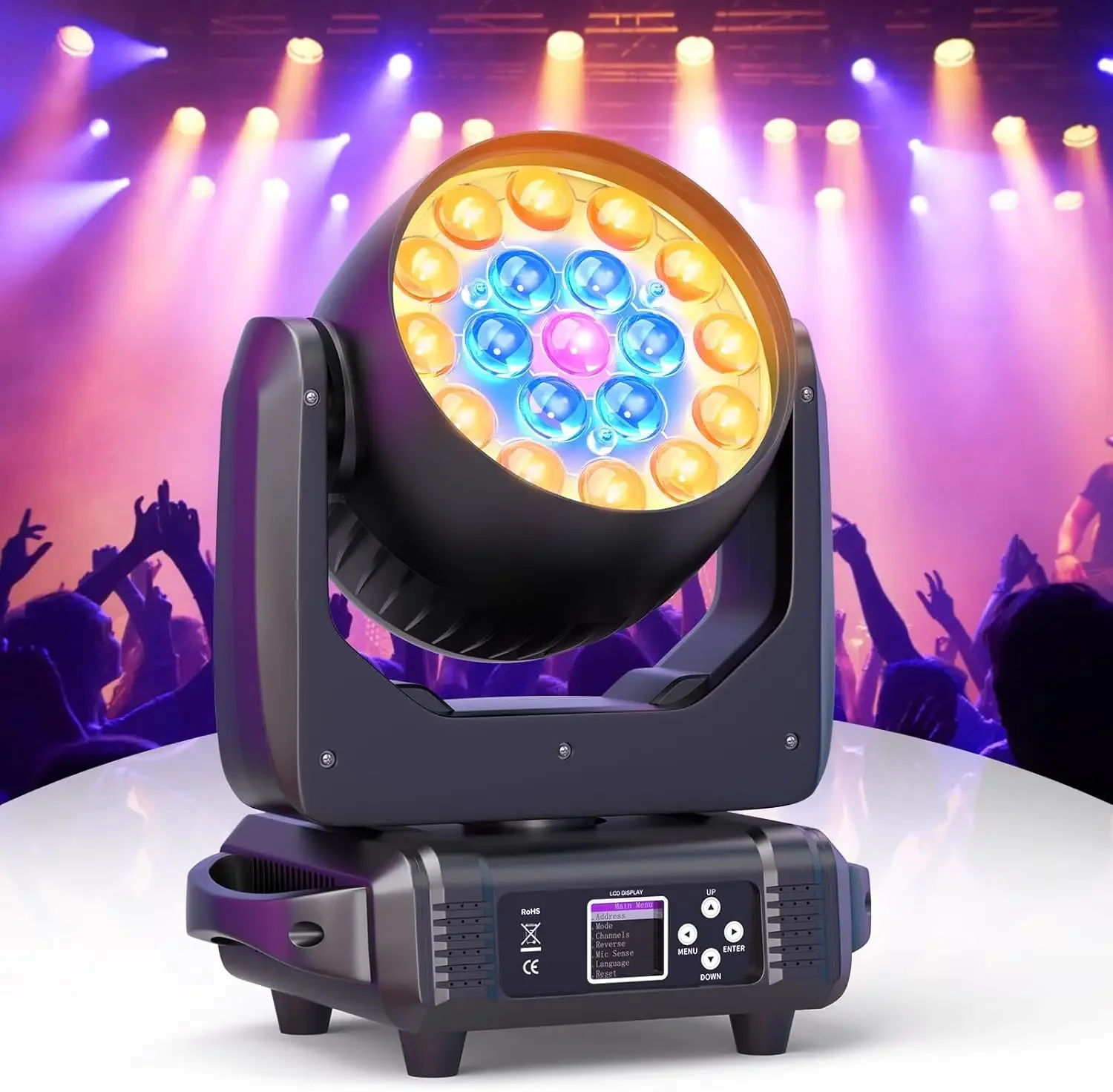 

Светодиодный прожектор HOLDLAMP Moving Head 19x15W RGBW 4-в-1 с эффектом зума, луча и заливки, звукоактивируемый, с автоматическим DMX-управлением