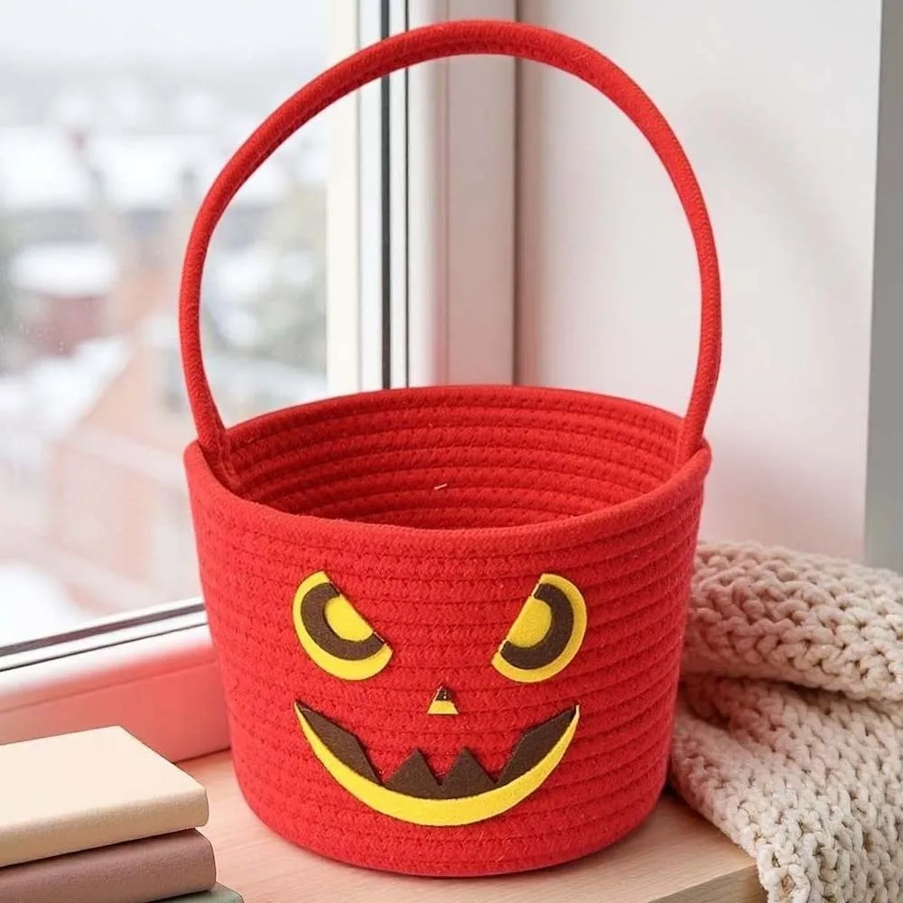 Cotton Pumpkin Candy Bucket Orange Portable Trick Treat Tote Soft Eco-friendly Halloween Rope Basket Guests