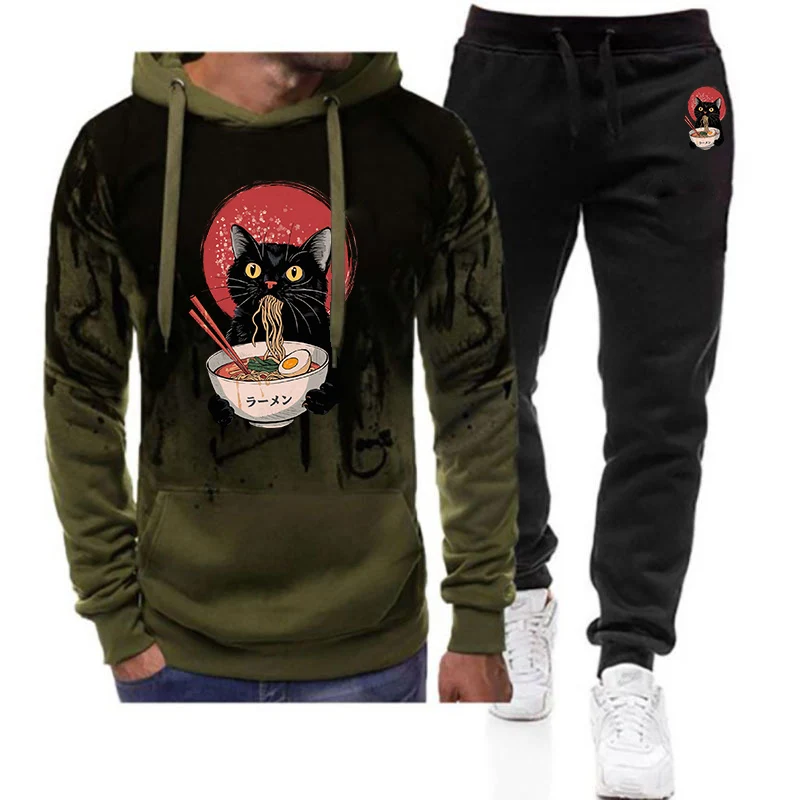 2025 Spring And Autumn Man's Noodle Ramen Cat Print High Street Popular Gradient Color Hoodies+Leisure Pants Suit