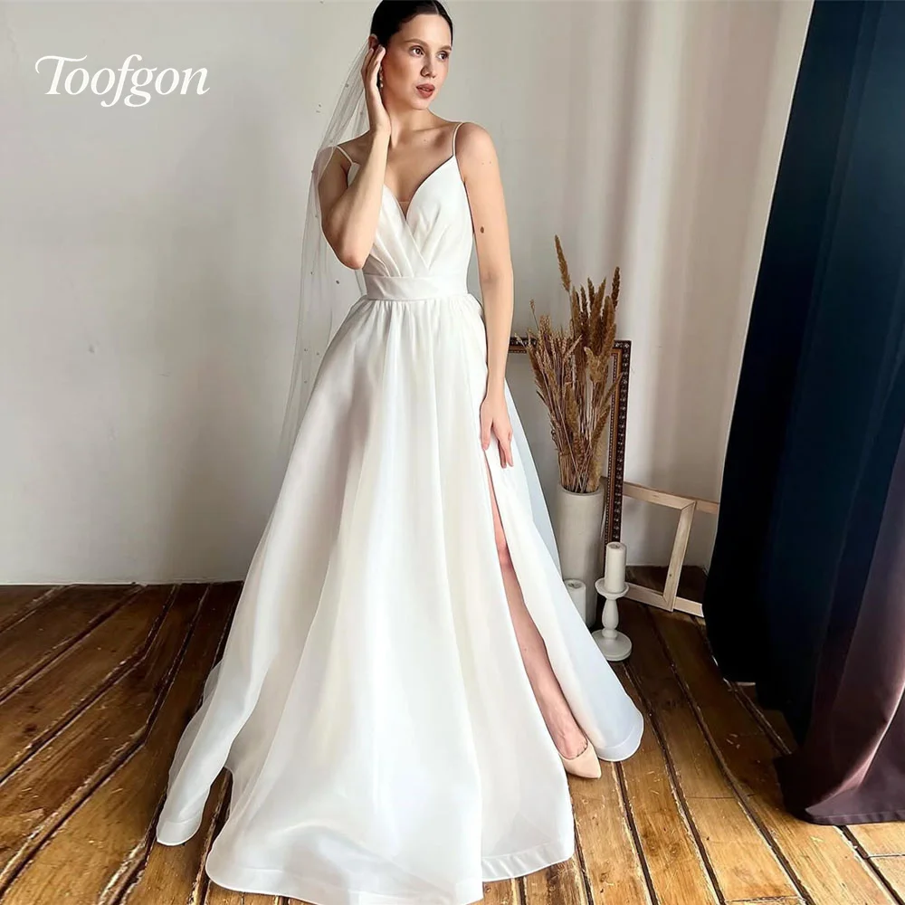 투프곤 A라인 오간자 웨딩드레스 롱 V넥 하이 슬릿 신부 웨딩 사진 촬영 정장 파티 브라이덜 가운 맞춤 제작 2025