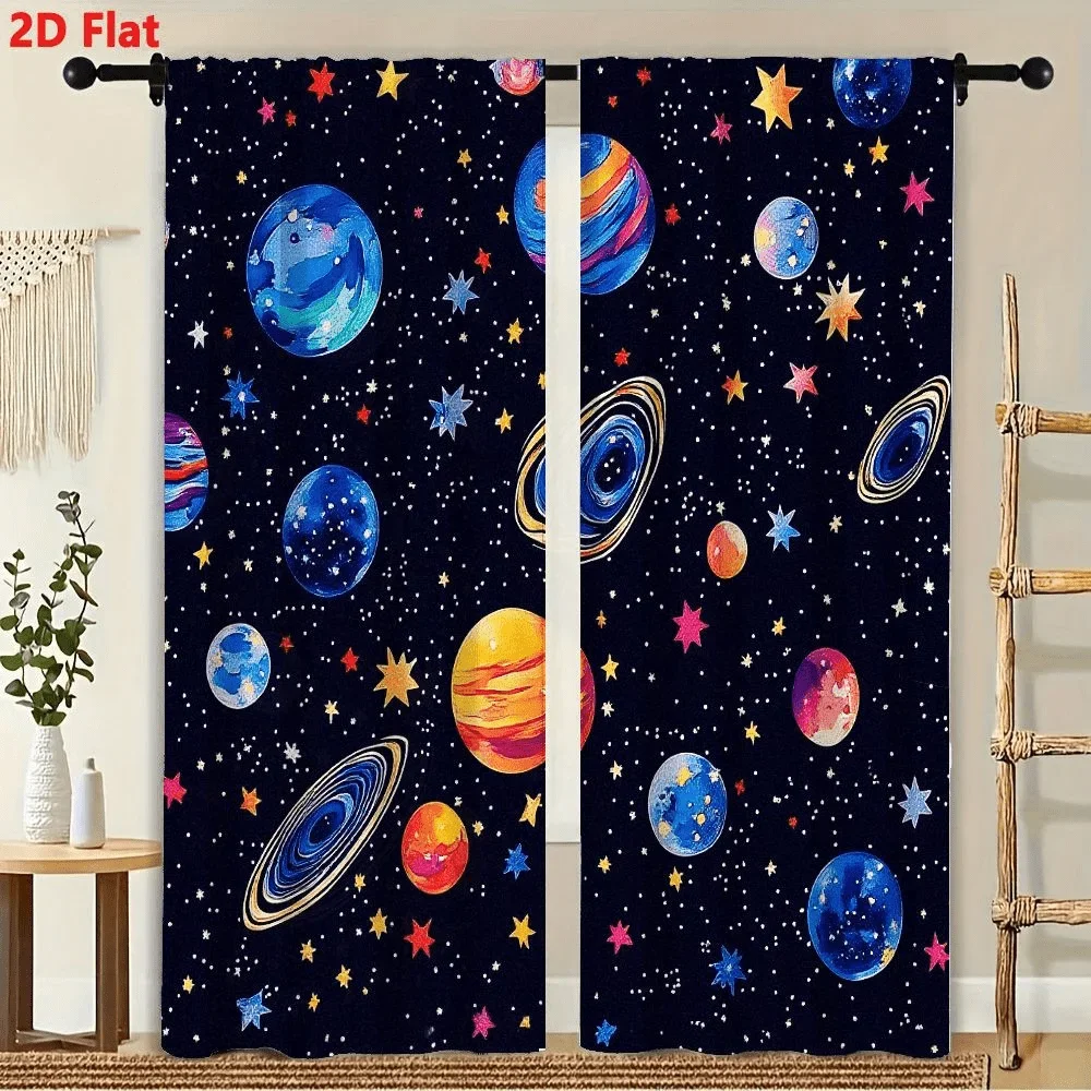 2PCS Galaxy Curtain Pair Blue Stars Planets Space Wall Decor Room Window Drape Romantic Celestial Backdrop for Nursery Bedroom B