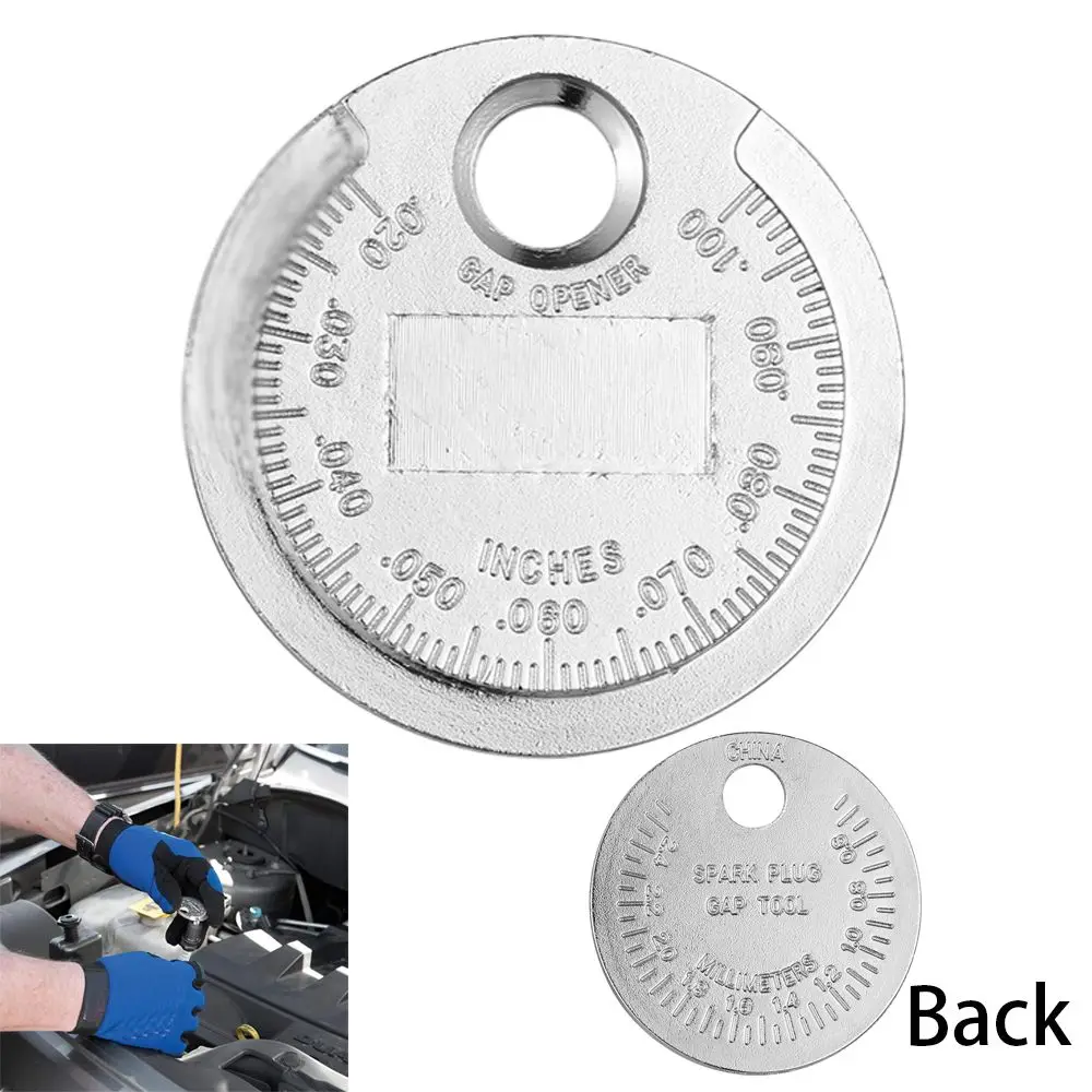 0.6-2.4mm Range Spark Plug Gap Gauge Tool Coin-Type Aluminum Alloy Caliber Measuring Tool Silver Gage Gap Feeler