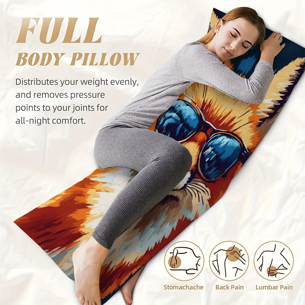 2D Flat - 20x54 Inch Ultra Soft Body Pillow Cover | Fashionable Glasses-Wearing Fox 2D Airplane Pattern, Breathable Comfort, Zip