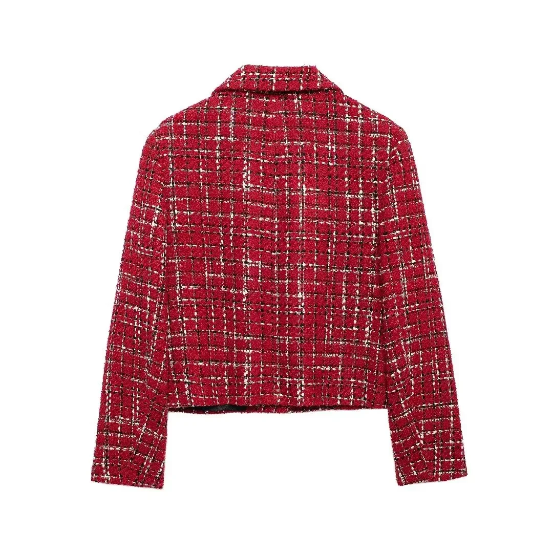 Tangada Women 2024 Fashion Red Plaid Tweed Crop Blazer Coat Vintage Long Sleeve Female Outerwear BE0317