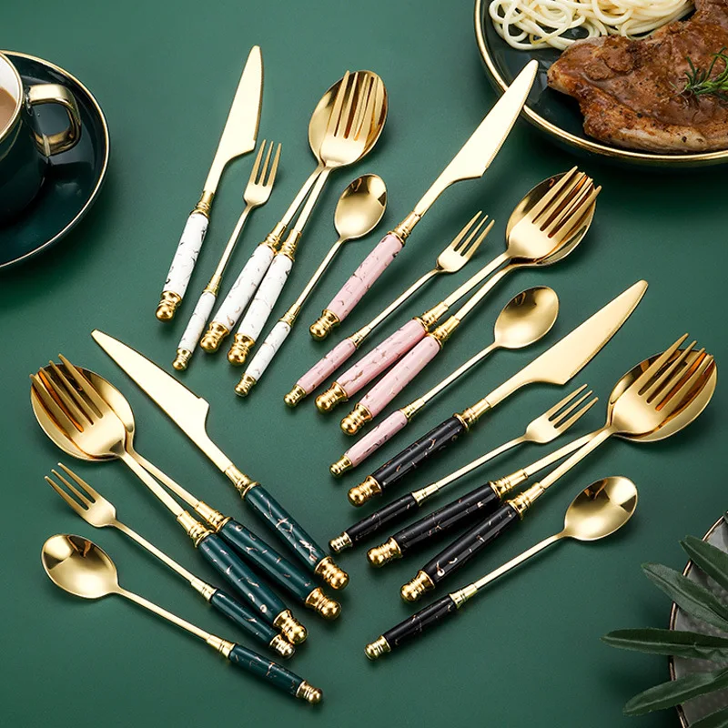 Stainless Steel Cutlery Set Knife Fork Spoon Ceramic Handle Knife Fork Spoon Marble Handle Dessert Spoon Luxury Tableware Set