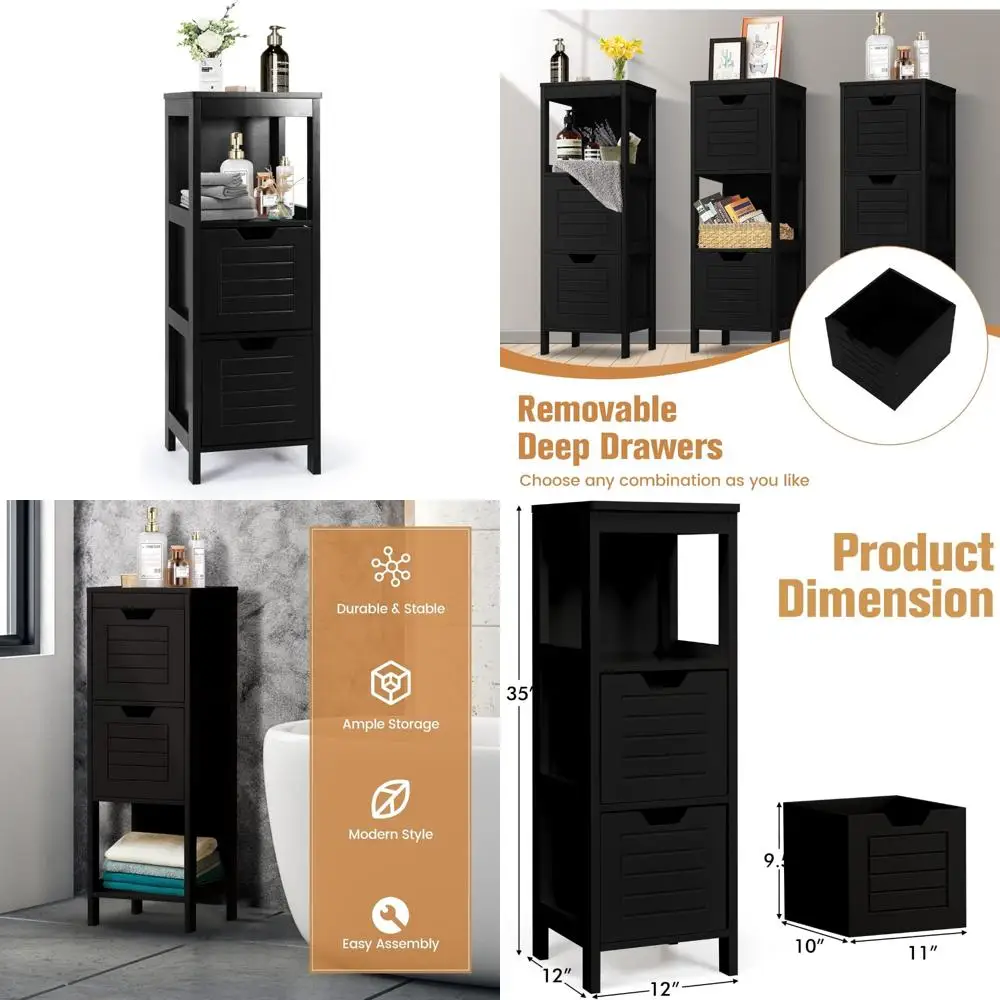 

freestanding wooden cabinet with adjustable drawers for space-saving bathroom storage