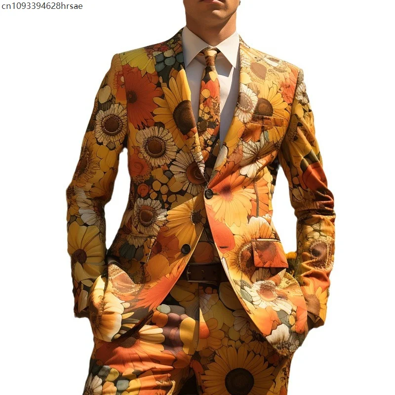 Мужские повседневные костюмы с принтом подсолнухов, пальто, брюки, красочный гелиантус, вечерние костюмы для косплея, сценический костюм для ночного клуба