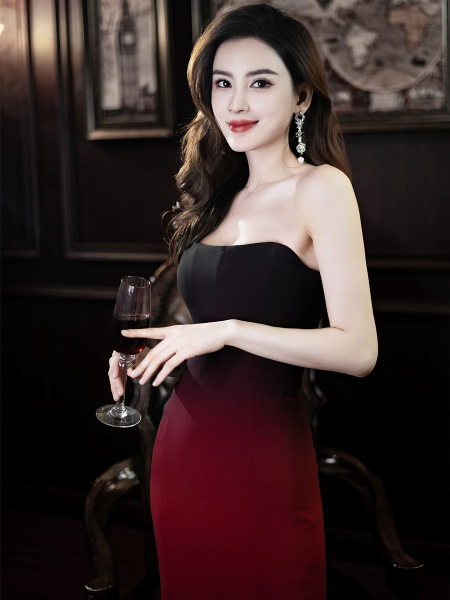 

Sexy Bla Red adient Strapl Dr Wedding Engagement Par Long Evening Gown High Waist Zipper Sle No Sve Bodycon