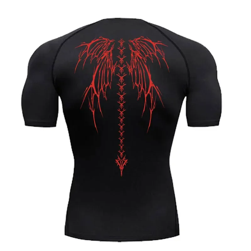Men's Gym Clothes Skeleton Wings Workout Compression Shirts  Short Sleeve Rash Guard Athletic Undershirt Gear T Shirt for Sports