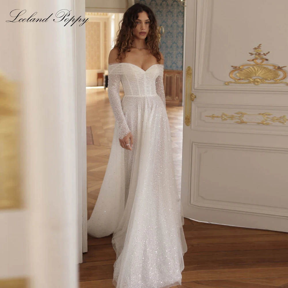 Lceland Poppy Customized A Line Boat Neck Lace Wedding Dresses Beaded Full Sleeves Bridal Gowns with Court Train
