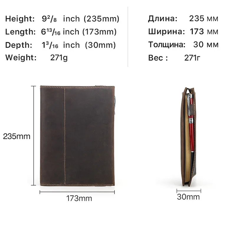 Handmade Vintage Crazy Horse หนัง A5 โน้ตบุ๊ค com 6 Anel Sistema Recarreg23.5x17.3x3cm271g Organizador De Couro Dur