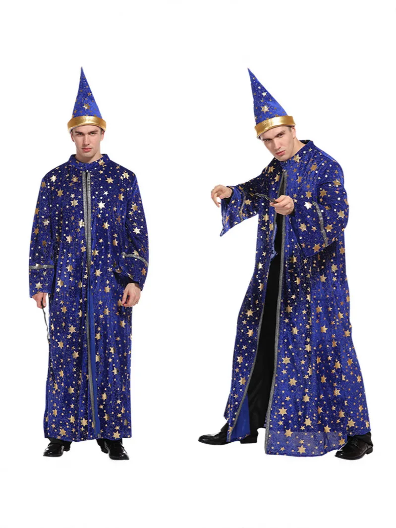 

Костюм Волшебника «Голубая Звезда»: Шляпа с Шипами, Костюм для Косплея, Хэллоуин, Выступление, Плащ Волшебника для Взрослых, Косплей-Плащ Мага