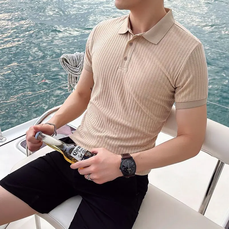 Men's Ice Silk Slim All-match Polo Shirts Summer New Short Sleeve Solid Color Trend Tops Tees Fashion Street Casual Men Clothing