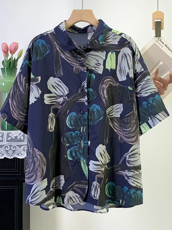 

High-End Pure Cotton Short Sleeve Women's Shirt Summer Fashion Retro Print Trendy Top Breathable Comfortable Loose Fit Casual...
