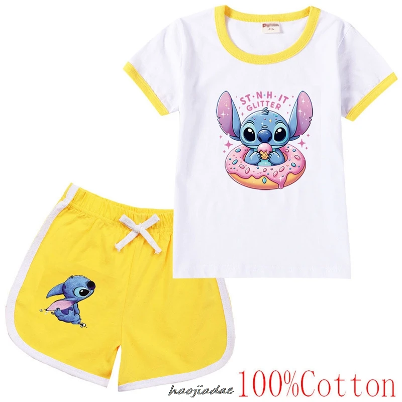 Conjunto infantil de t-shirt e shorts Lilo e Stitch, roupas esportivas, terno casual, moda, manga curta, meninas, meninos, verão, 2 peças