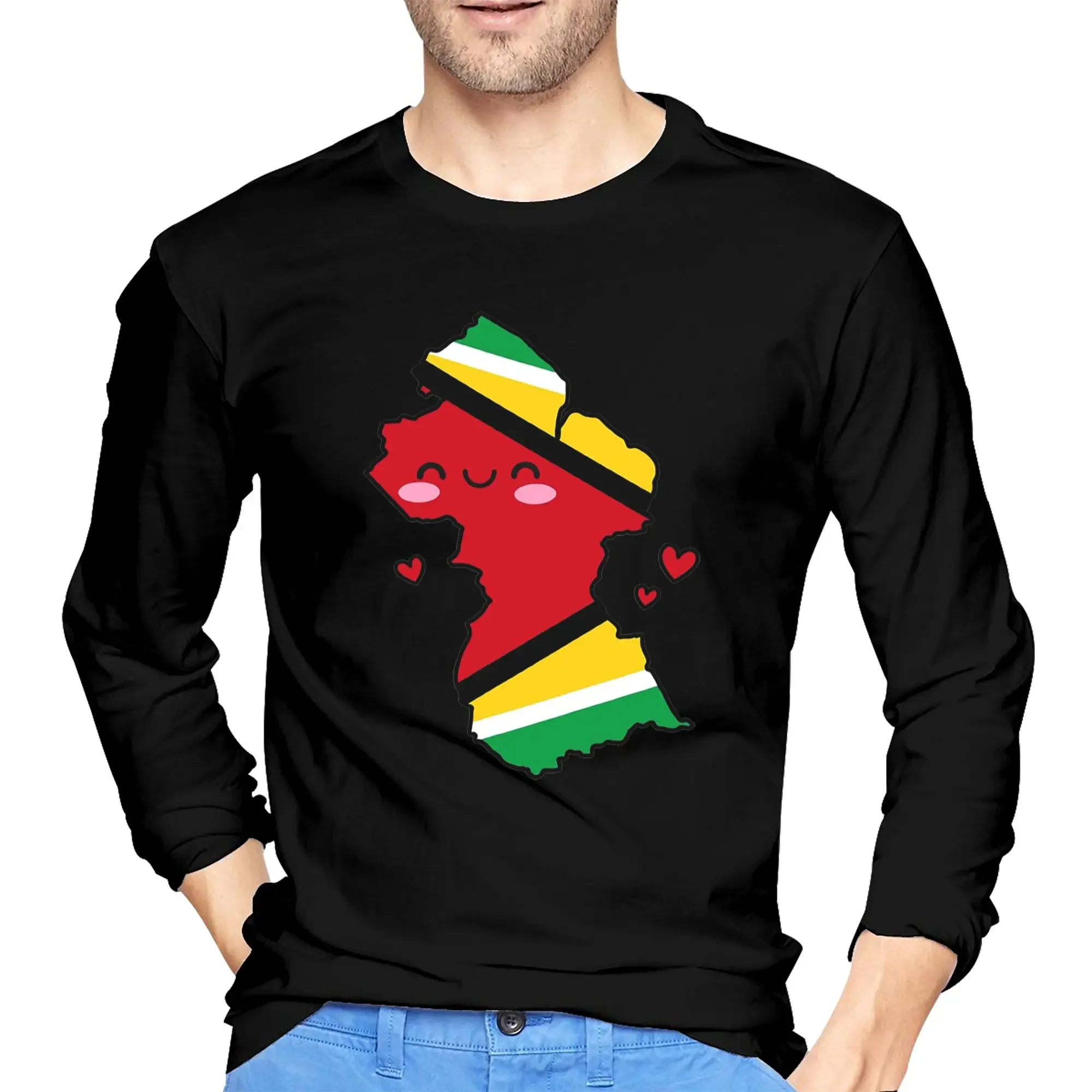 

Мужская футболка с длинными рукавами и флагом Гайаны, карта улыбки с любовью, модные футболки с круглым вырезом, весенне-осенние мужские топы