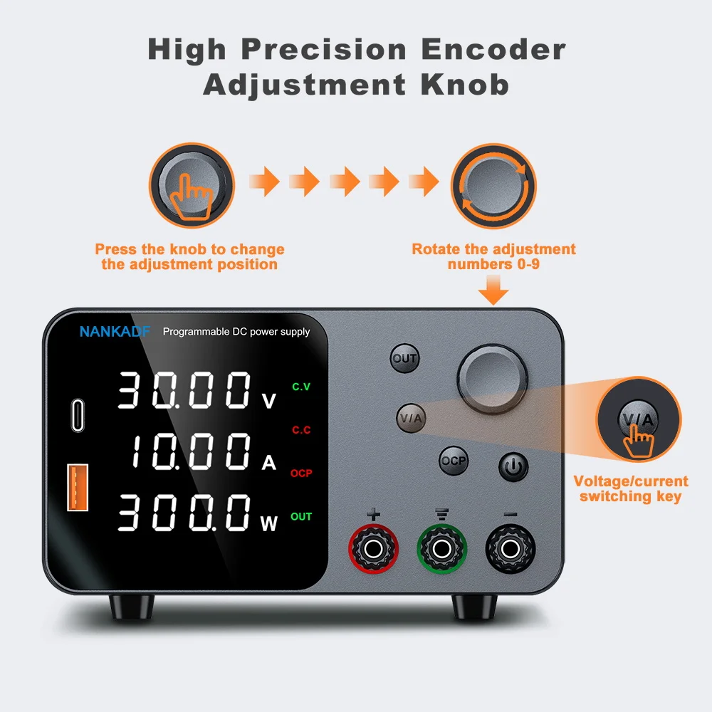 30V 10A Laboratory Power Supply with USB-A/Type-C Charging Port, DC Power Supply for 4-Digit LED Display with Encoder Controls