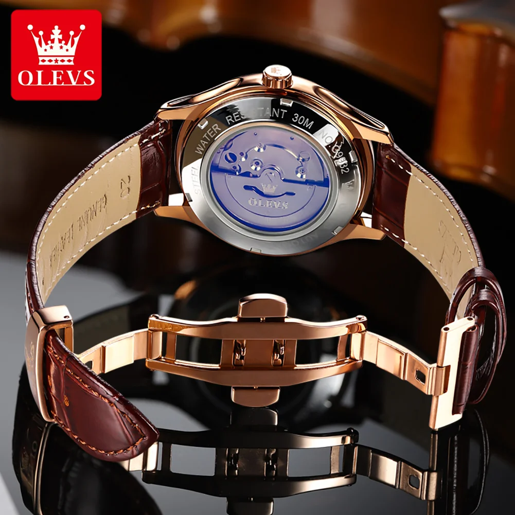 OLEVS 9932 Top Brand Luxury Automatic Mechanical Watch Date Waterproof Leather Male Female Couple Watch Lover Gift His Her Watch