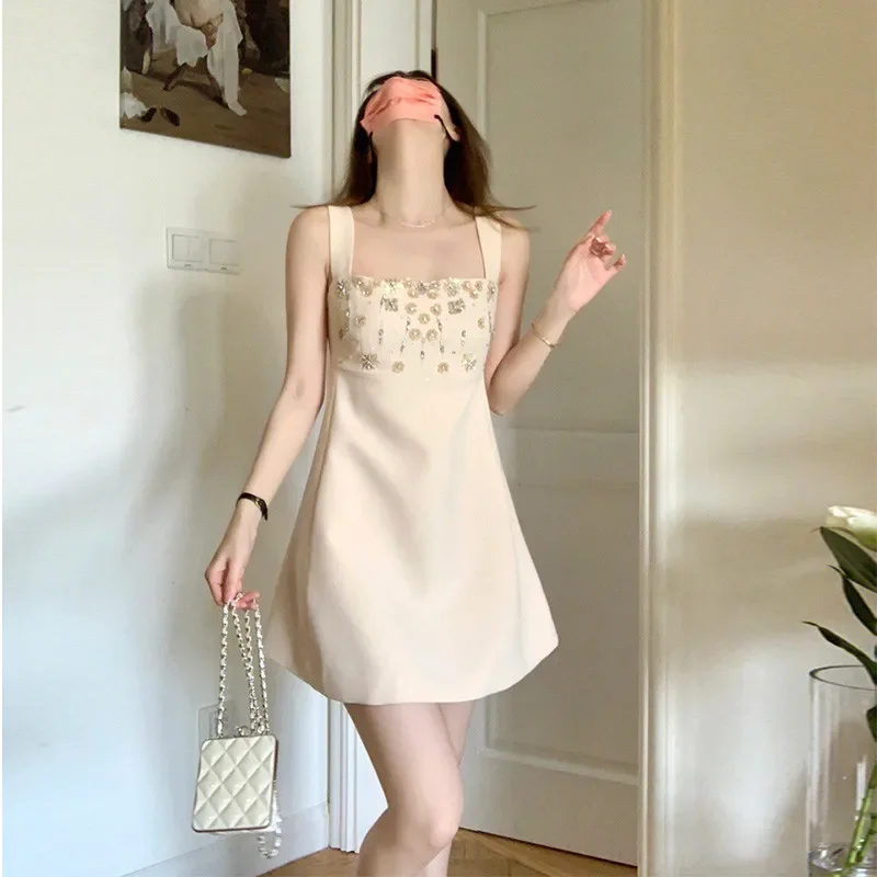 Sexy New 2024 Spring Summer Mini Dress Slash Neck Beads Sleeveless A Line Elegant Party Dress Fashion Slim Suspender Tank Dress