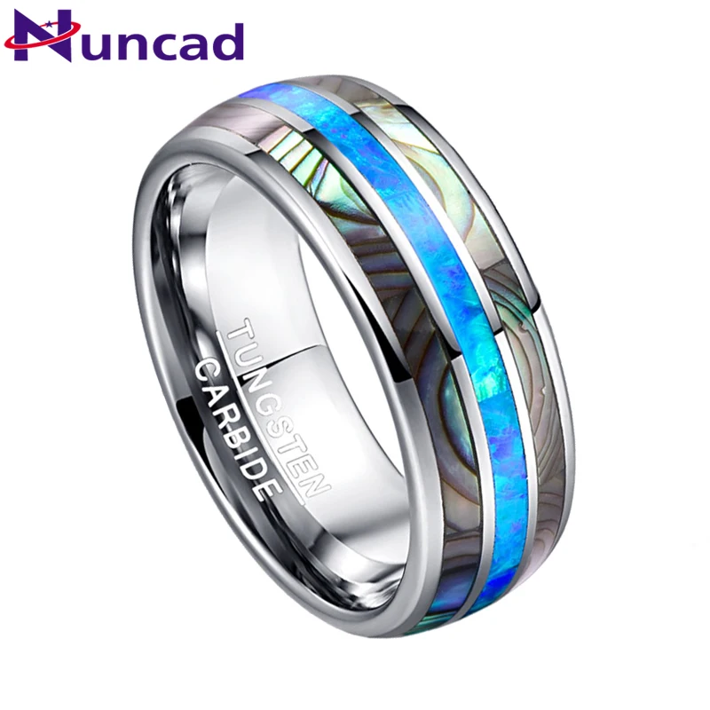 Nuncad 8mm Blue Opal Tungsten Carbide Rings Inlaid Natural Shells Anniversary Party Jewelry Gift Silver Color Rings T151R