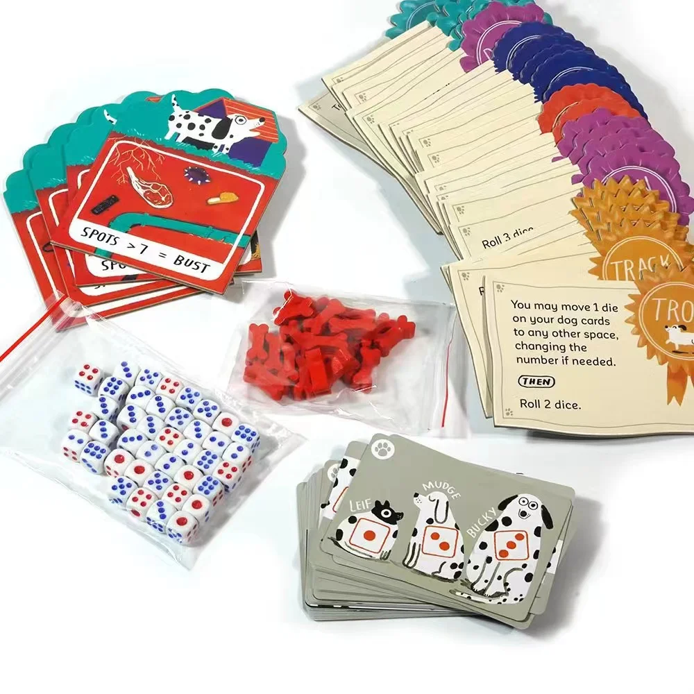 SPOTS game about rolling dice to boost your luck And the dog card game Board games