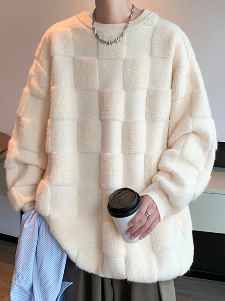 

Loose Fit Men's Knitted Sweater Large Size Chboard Pattern round Ne Pure Color Spring Vintage Outerwear Faion plus Size