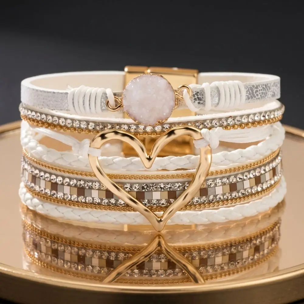 Braided Heart Woven Bracelet Crystal Leather Bohemian Style Bracelet Wristbands Multi-layer Design Stacked Zircon Bracelets Gift