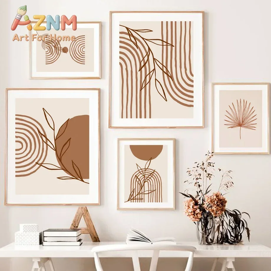 Neutral Terracotta Boho Abstract Wall Art Mural Minimalist Line Leaf Palm Rainbow Arch Geometric Print Canvas Posters Home Decor