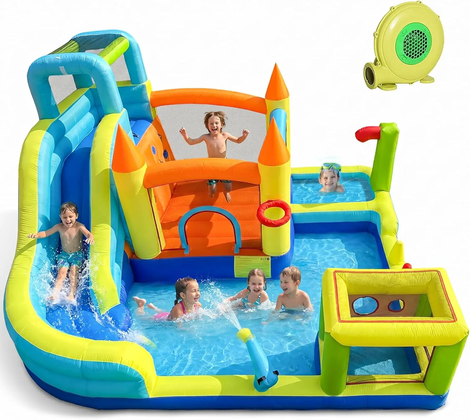 Tobogán Acuático Inflable para Niños y Casa de Brinco con Soplador de Aire – Castillo Hinchable para Exteriores con Muro de Escalada, Área de Salto, Pistola de Agua, Piscina de Chapoteo y Canasta de Baloncesto para Fiestas en el Patio Trasero