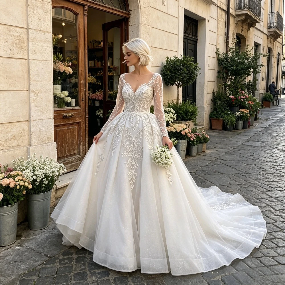 Customized Shiny Lace Long Sleeved Wedding Dress 2026 Gorgeous Chiffon Pleated A-line Elegant Bridal Gown Suitable for The Beach