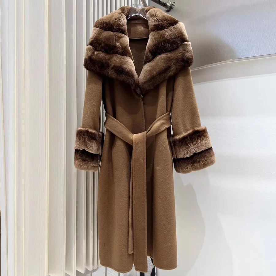 Kurtka z mieszanki wełny z pasującym paskiem, damski płaszcz wełniany, luksusowy damski płaszcz z kaszmirem w nowym stylu.