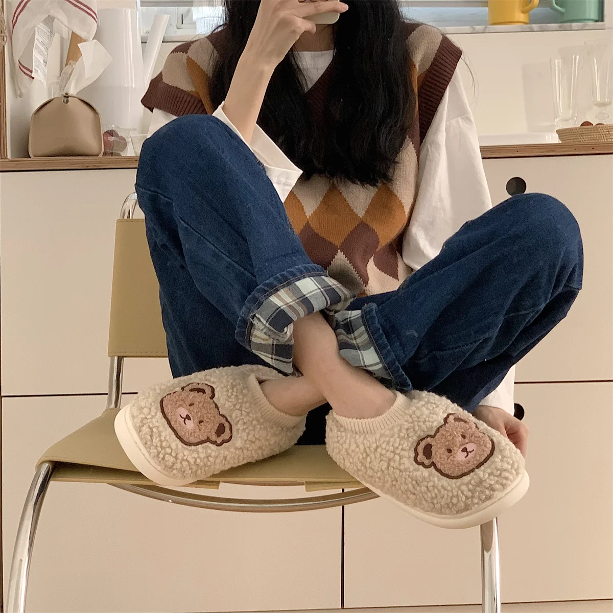 Lovely Women Slipper Warm Cotton Plush Slippers Female 2022 Winter Students Indoor Home Cute Bear Baby Cotton Shoes