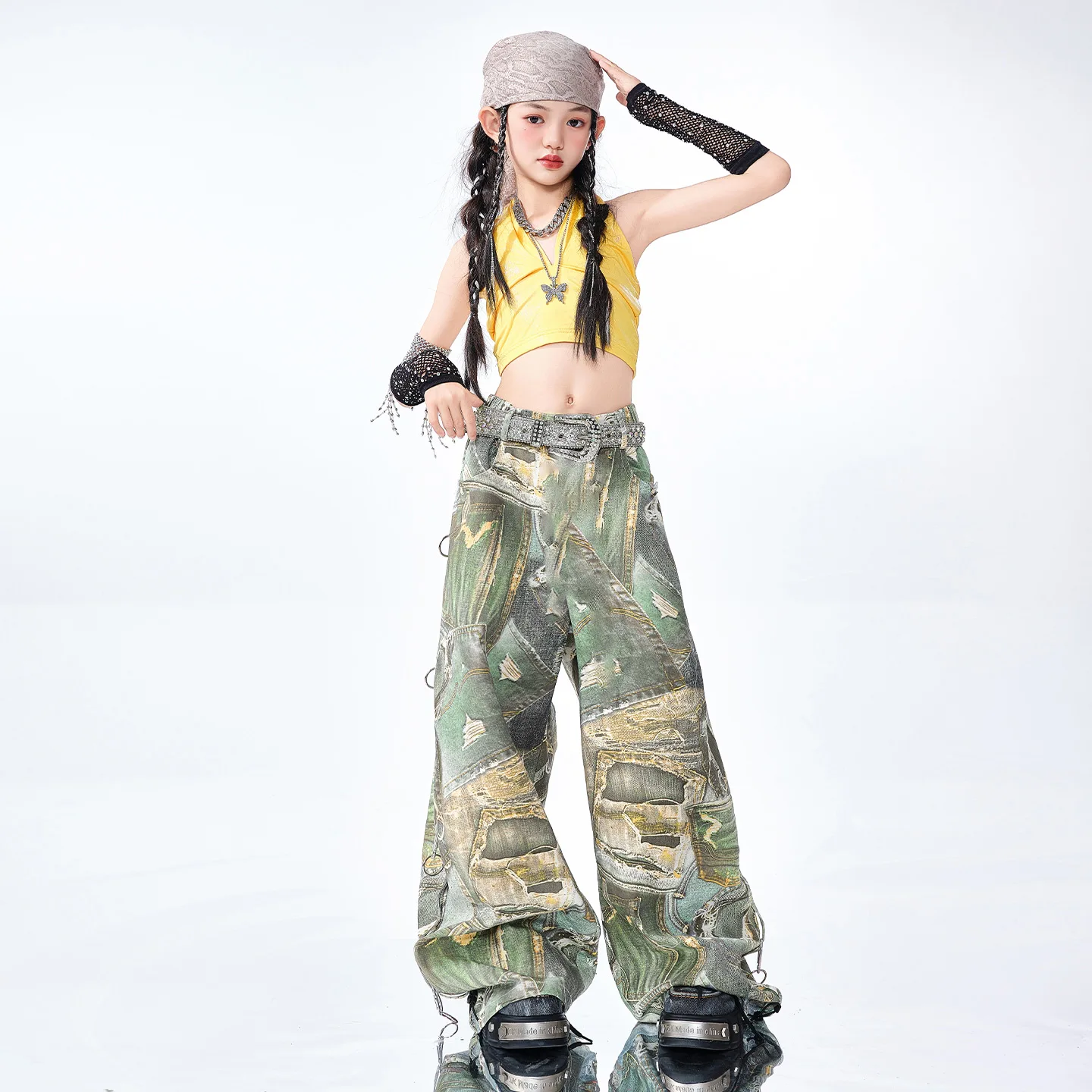 Mädchen Hip Hop Shiny Crop Camouflage Cargo Hosen Kinder Street Dance Mädchen Gruppe Kostüme Kinder Streetwear Jazz Kleidung Sets