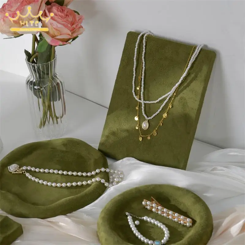 Irregular Green Fabric Jewelry Display Tray Multi-Shape Ring Necklace Earring Hair Clips Storage Holder Jewelry Organizer